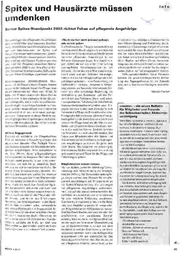 Vorschauseite 1: Spitex und Hausärzte müssen umdenken Sarner Spitex-Standpunkt 2002 richtet Fokus auf pflegende Angehörige