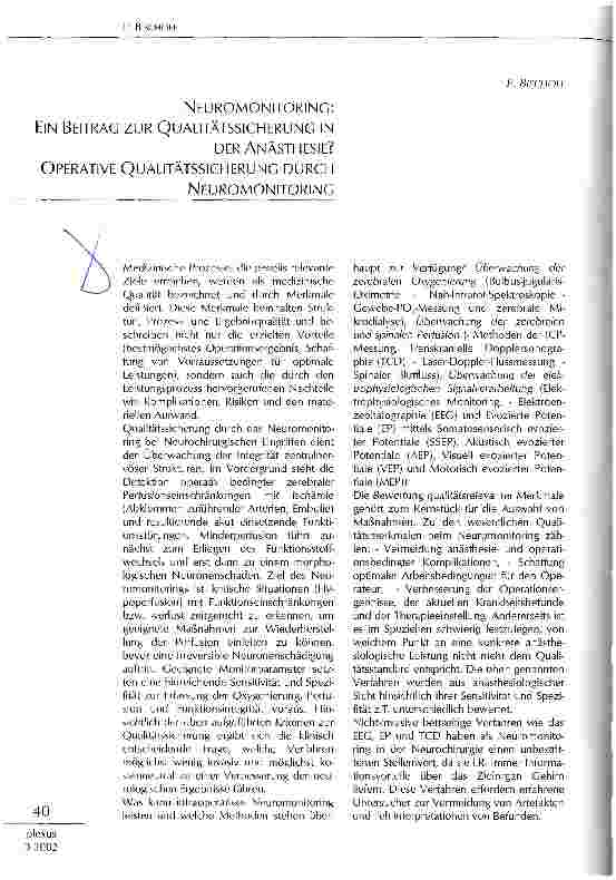 Vorschauseite 1: Neuromonitoring: ein Beitrag zur Qualitätssicherung in der Anästhesie?