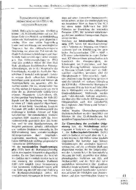 Vorschauseite 2: Neuromonitoring: ein Beitrag zur Qualitätssicherung in der Anästhesie?
