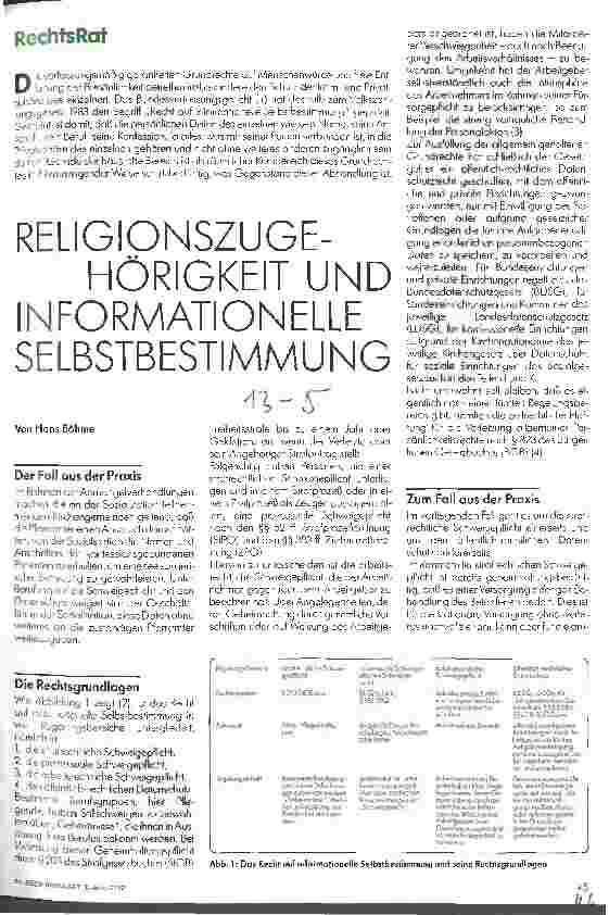 Vorschauseite 1: Religionszugehörigkeit und informationelle Selbstbestimmung