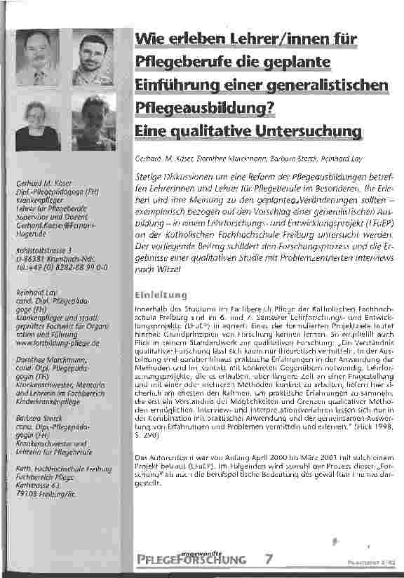 Vorschauseite 1: Wie erleben Lehrer/innen für Pflegeberufe die geplante Einführung einer generalistischen Pflegeausbildung? Eine qualitative Untersuchung