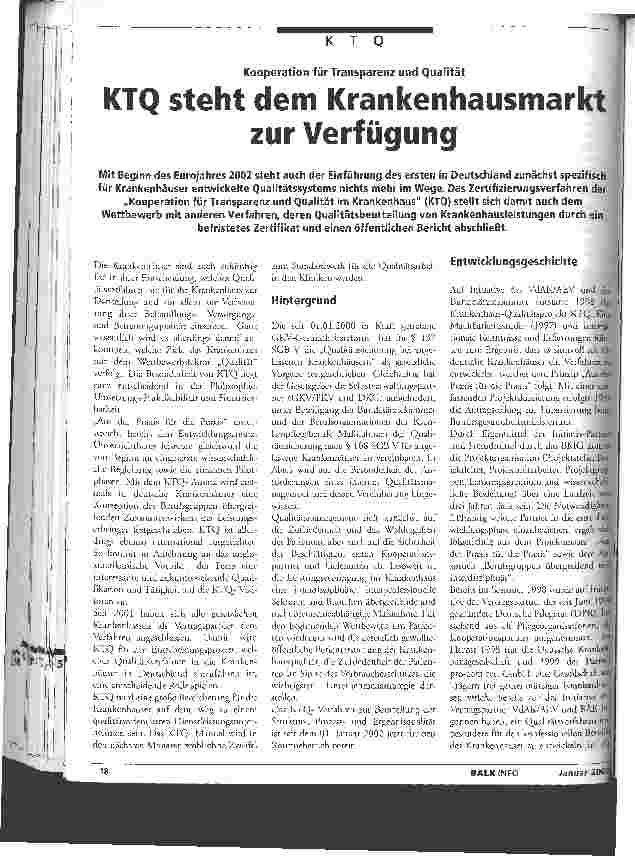 Vorschauseite 1: KTQ steht dem Krankenhausmarkt zur Verfügung Kooperation für Transparenz und Qualität