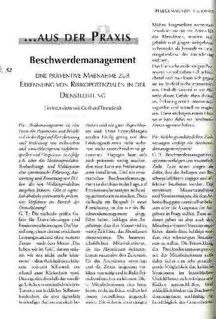 Vorschauseite 1: Beschwerdemanagement Eine präventive Maßnahme zur Erkennung von Risikopotenzialen in der Dienstleitsung. Ein Interview mit Gerhard Tinnefeldt