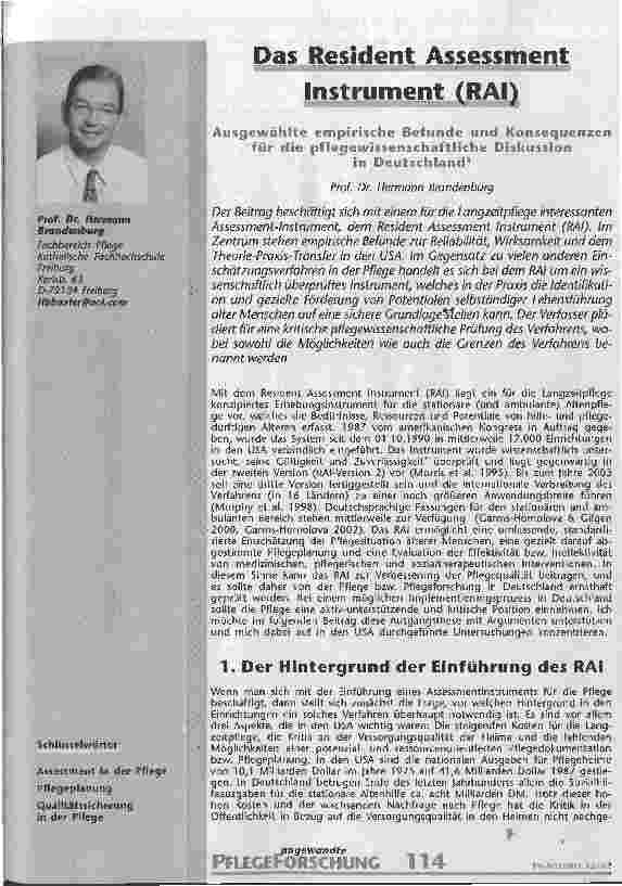 Vorschauseite 1: Das Resident Assessment Instrument (RAI) Ausgewählte empirische Befunde und Konsequenzen für die pflegewissenschaftliche Diskussion in Deutschland