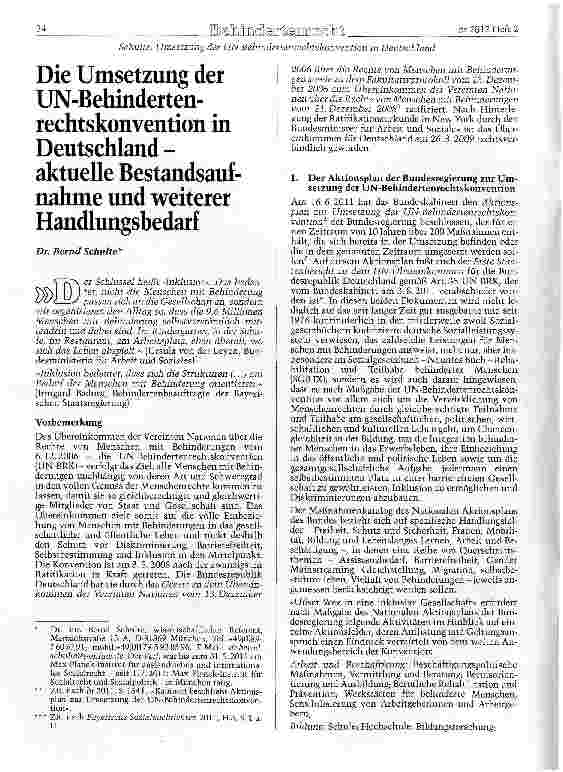 Vorschauseite 1: Die Umsetzung der UN-Behindertenrechtskonvention in Deutschland -aktuelle Bestandsaufnahme und weiterer Handlungsbedarf
