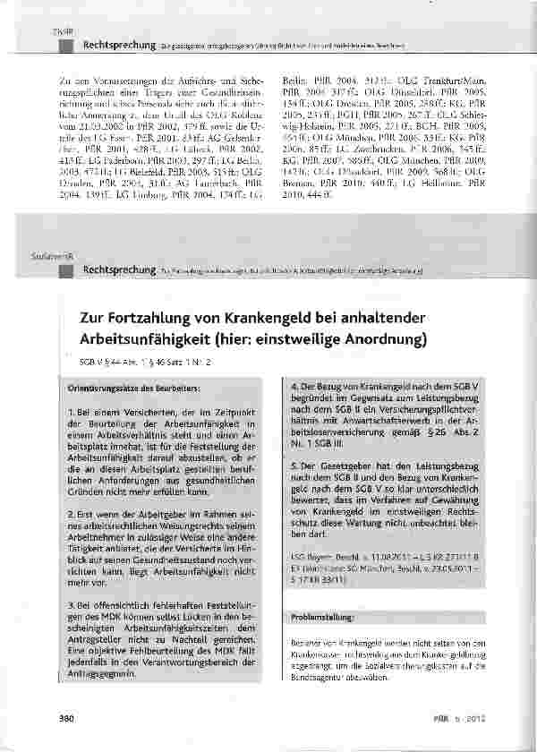 Vorschauseite 1: Zur Fortzahlung von Krankengeld bei anhaltender Arbeitsunfähigkeit (hier: einstweilige Anordnung)