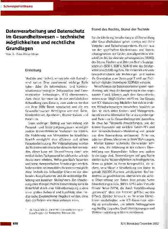 Vorschauseite 1: Datenverarbeitung und Datenschutz im Gesundheitswesen - technische Möglichkeiten und rechtliche Grundlagen