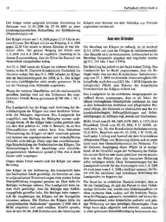 Vorschauseite 2: Zur Obhutspflicht des Klinikträgers gegenüber einem sturzgefährdeten Patienten