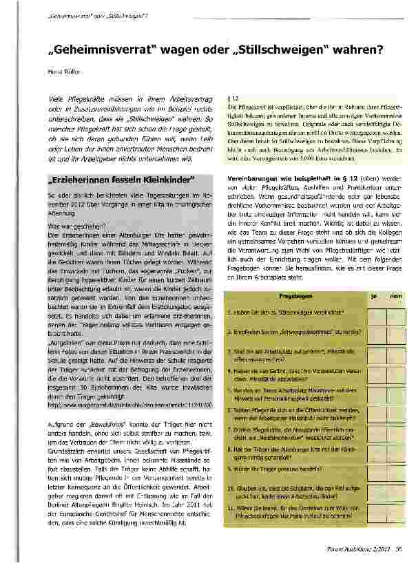 Vorschauseite 1: „Geheimnisverrat wagen oder „Stillschweigen wahren?