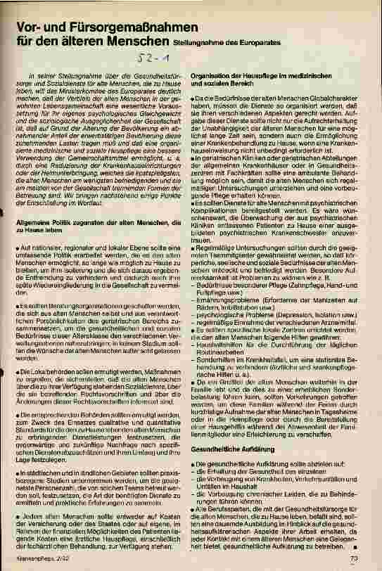 Vorschauseite 1: Vorund Fürsorgemaßnahmen für den älteren Menschen Stellungnahme des Europarates