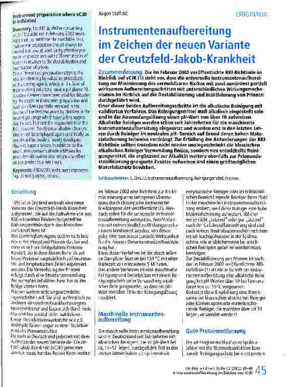 Vorschauseite 1: Instrumentenaufbereitung im Zeichen der neuen Variante der Creutzfeld-Jakob-Krankheit