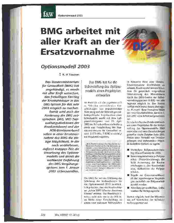 Vorschauseite 1: BMG arbeitet mit aller Kraft an der Ersatzvornahme Optionsmodell 2003