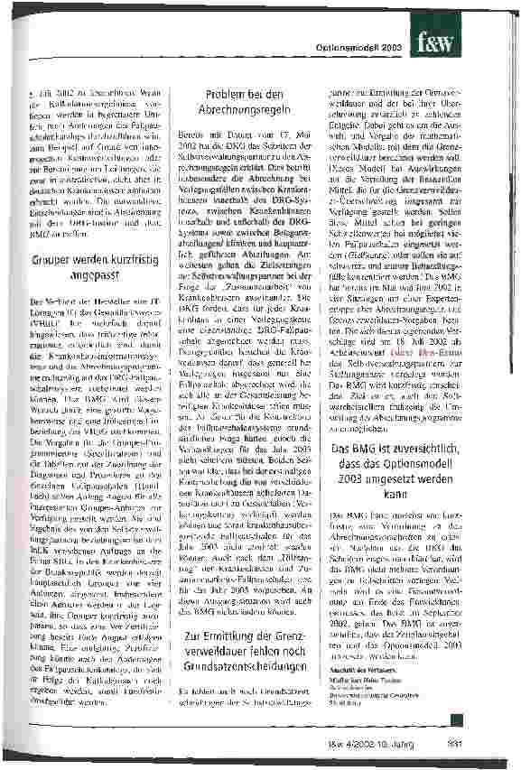 Vorschauseite 3: BMG arbeitet mit aller Kraft an der Ersatzvornahme Optionsmodell 2003