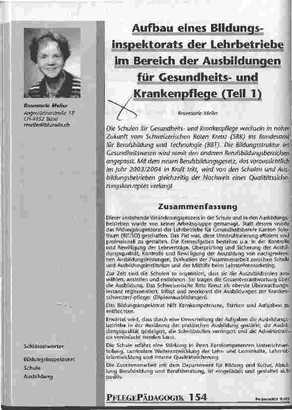Vorschauseite 1: Aufbau eines Bildungsinspektorats der Lehrbetriebe im Bereich der Ausbildungen für Gesundheitsund Krankenpflege Teil 1