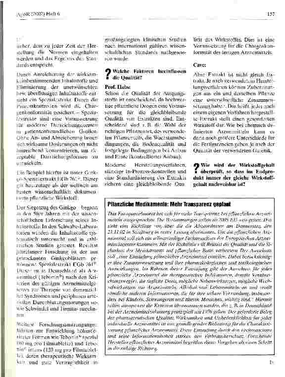 Vorschauseite 2: Qualität rationaler Phytopharmaka Interview mit Prof. Dr. Michael Habs, Geschäftsführer, Dr. Willmar Schwabe Arzneimittel