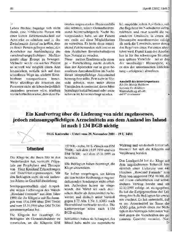 Vorschauseite 1: Ein Kaufvertrag über die Lieferung von nicht zugelassenen, jedoch zulassungspflichtigen Arzneimitteln aus dem Ausland ins Inland ist nach § 134 BGB nichtig