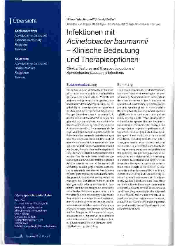 Vorschauseite 1: Infektionen mit Acinetobacter baumannii - Klinische Bedeutung und Therapieoptionen