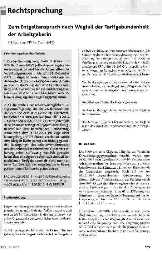 Vorschauseite 1: Zum Entgeltanspruch nach Wegfall der Tarifgebundenheit der Arbeitgeberin § 3 Abs. 1 des VTV Nr. 7 zum BAT-O