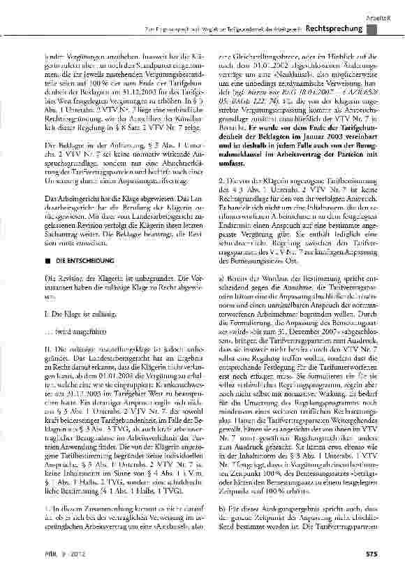 Vorschauseite 3: Zum Entgeltanspruch nach Wegfall der Tarifgebundenheit der Arbeitgeberin § 3 Abs. 1 des VTV Nr. 7 zum BAT-O