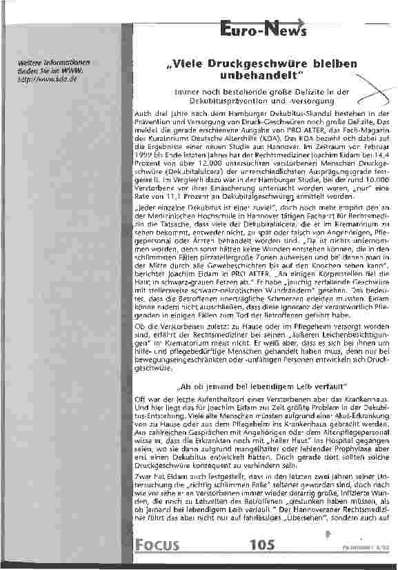 Vorschauseite 1: Viele Druckgeschwüre bleiben unbehandelt Immer noch bestehende große Defizite in der Dekubitusprävention und -versorgung