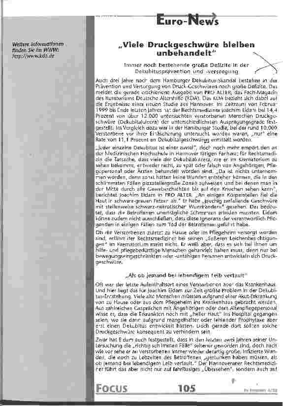Vorschauseite 2: Viele Druckgeschwüre bleiben unbehandelt Immer noch bestehende große Defizite in der Dekubitusprävention und -versorgung