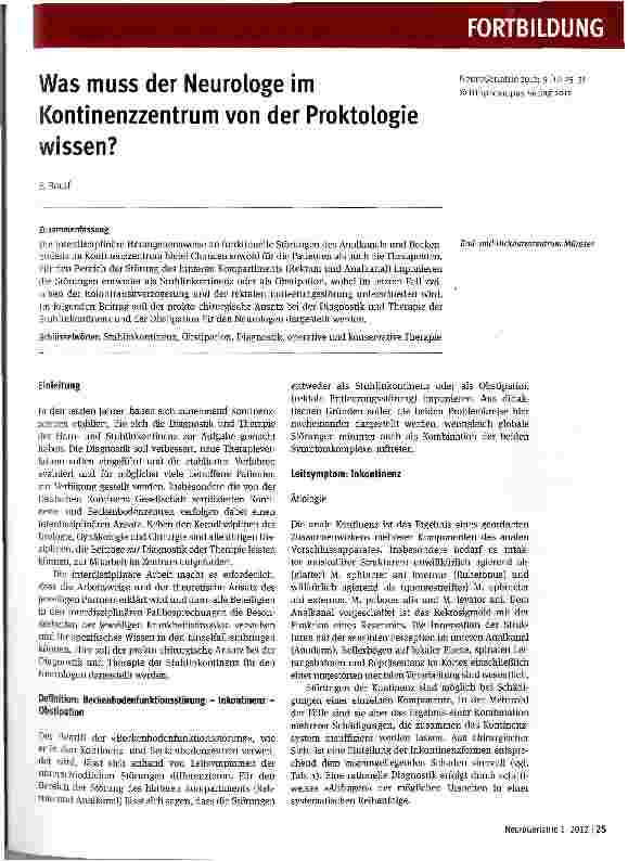 Vorschauseite 1: Was muss der Neurologe im Kontinenzzentrum von der Proktologie wissen?