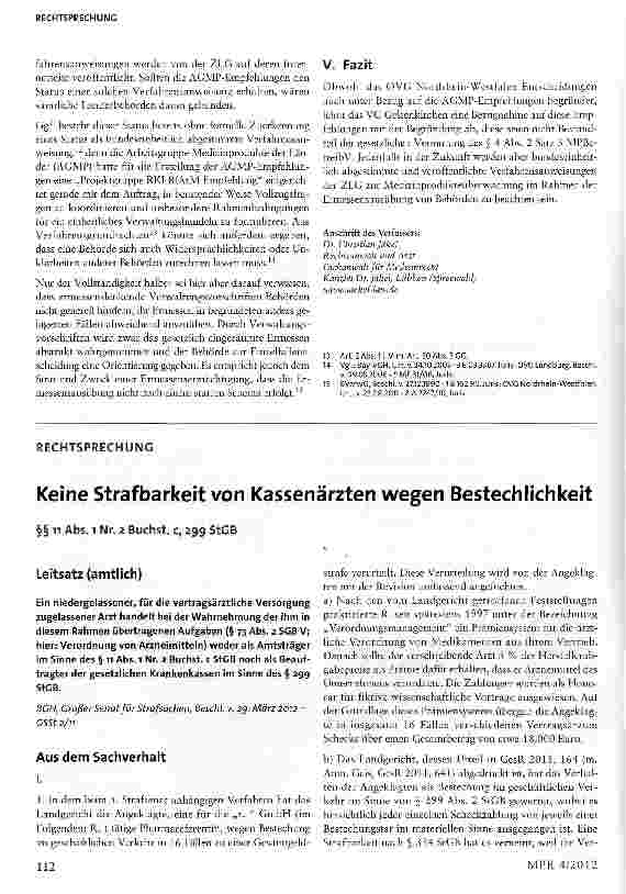 Vorschauseite 1: Keine Strafbarkeit von Kassenärzten wegen Bestechlichkeit §§ n Abs. i Nr. 2 Buchst, c, 299 StGB