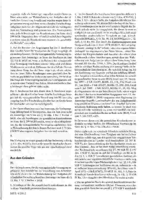 Vorschauseite 2: Keine Strafbarkeit von Kassenärzten wegen Bestechlichkeit §§ n Abs. i Nr. 2 Buchst, c, 299 StGB