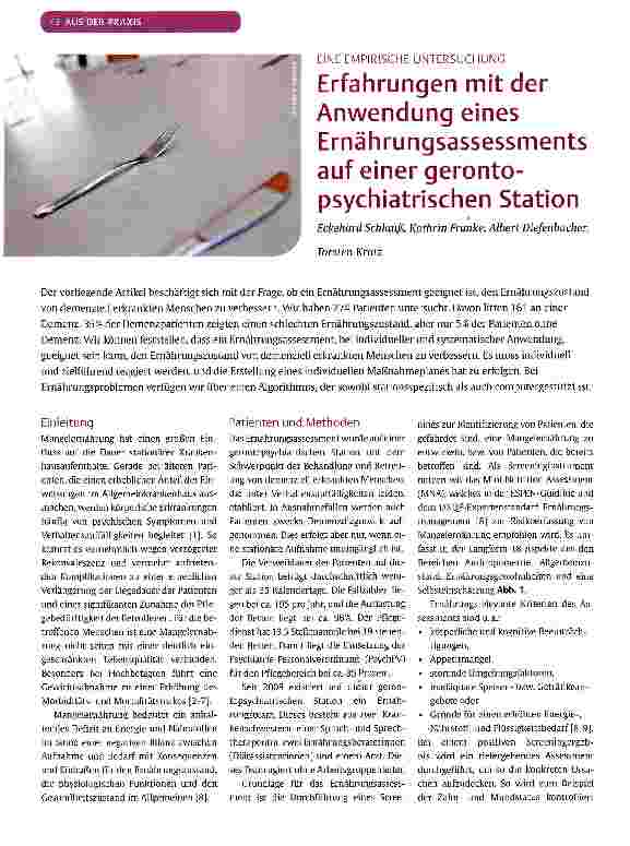 Vorschauseite 1: Erfahrungen mit der Anwendung eines Ernährungsassessments auf einer geronto-psychiatrischen Station