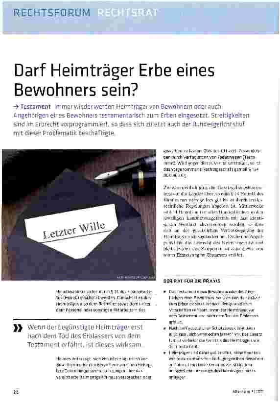 Vorschauseite 1: Darf Heimträger Erbe eines Bewohners sein?