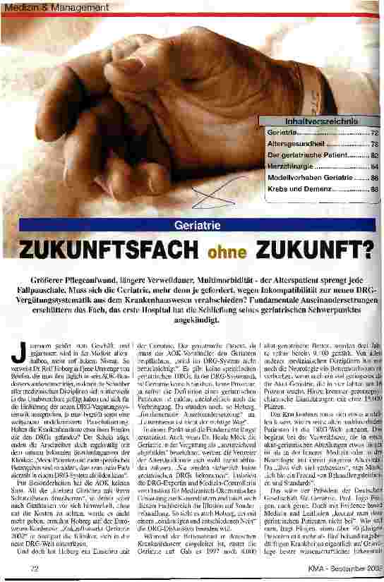 Vorschauseite 1: Geriatrie: Zukunftsfach ohne Zukunft?