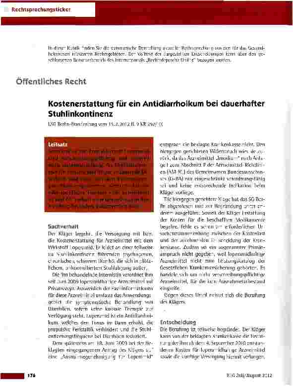 Vorschauseite 1: Kostenerstattung für ein Antidiarrhoikum bei dauerhafter Stuhlinkontinenz LSG Berlin-Brandenburg vom 15.2.2012 (L 9 KR 292/10)