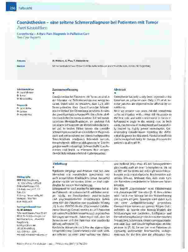 Vorschauseite 1: Coenästhesien - eine seltene Schmerzdiagnose bei Patienten mit Tumor