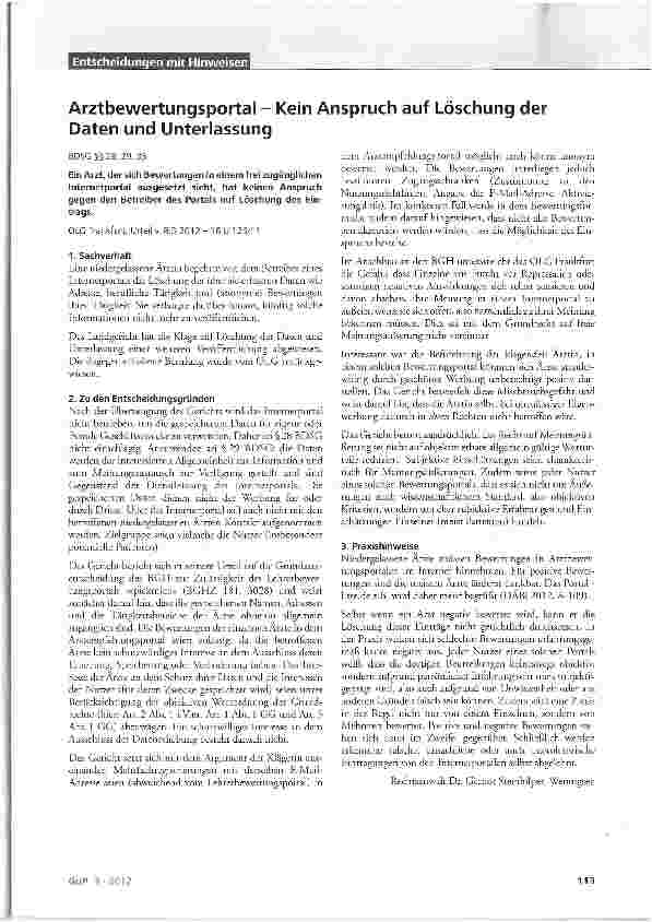Vorschauseite 1: Arztbewertungsportal - Kein Anspruch auf Löschung der Daten und Unterlassung BDSG§§28, 29, 35