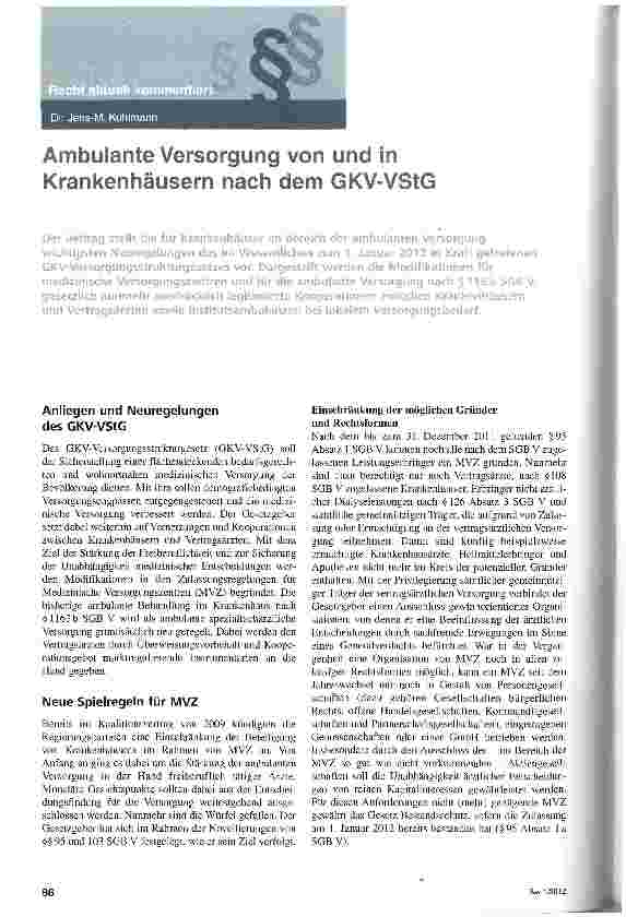 Vorschauseite 1: Ambulante Versorgung von und in Krankenhäusern nach dem GKV-VStG