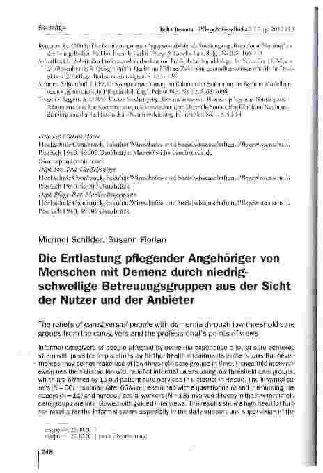 Vorschauseite 1: Die Entlastung pflegender Angehöriger von Menschen mit Demenz durch niedrigschwellige Betreuungsgruppen aus der Sicht der Nutzer und der Anbieter