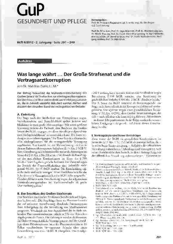 Vorschauseite 1: Was lange währt... Der Große Strafsenat und die Vertragsarztkorruption