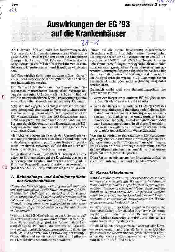 Vorschauseite 1: Auswirkungen der EG 93 auf die Krankenhäuser