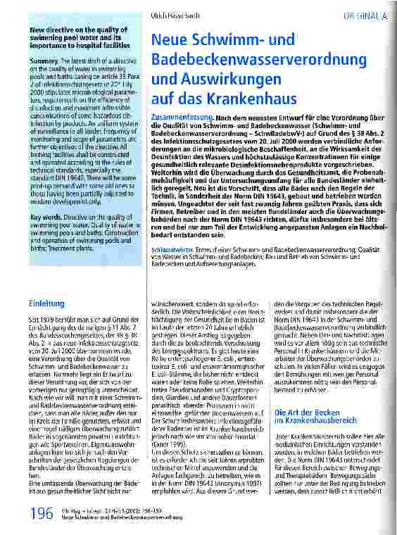 Vorschauseite 1: Neue Schwimmund Badebeckenwasserverordnung und Auswirkungen auf das Krankenhaus