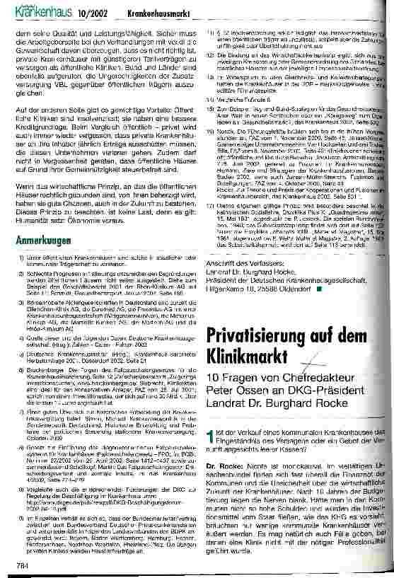 Vorschauseite 1: Privatisierung auf dem Klinikmarkt 10 Fragen von Chefredakteur Peter Ossen and DKG-Präsident Landrat Dr. Burghard Rocke