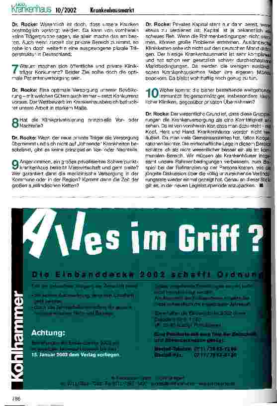 Vorschauseite 3: Privatisierung auf dem Klinikmarkt 10 Fragen von Chefredakteur Peter Ossen and DKG-Präsident Landrat Dr. Burghard Rocke