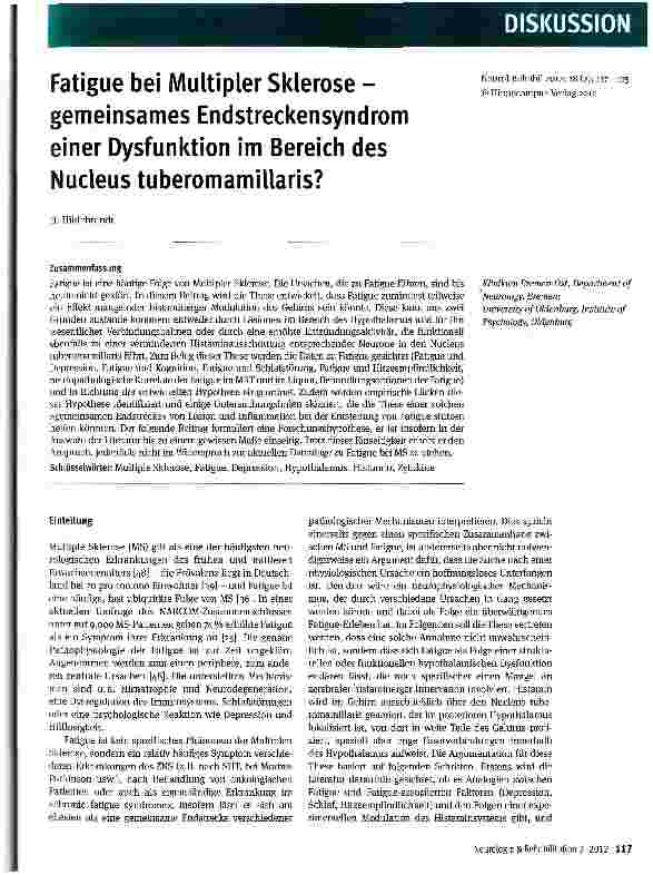 Vorschauseite 1: Fatigue bei Multipler Sklerose -gemeinsames Endstreckensyndrom einer Dysfunktion im Bereich des Nucleus tuberomamillaris?