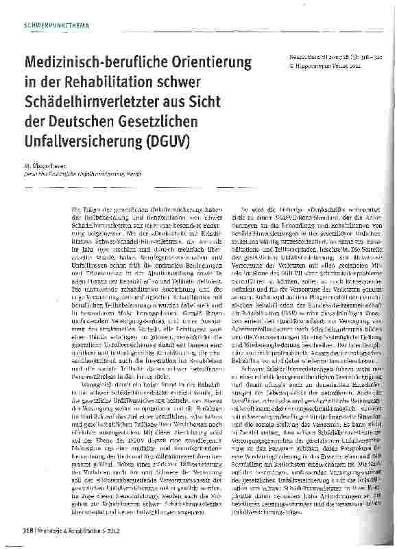 Vorschauseite 1: Medizinisch-berufliche Orientierung in der Rehabilitation schwer Schädelhirnverletzter aus Sicht der Deutschen Gesetzlichen Unfallversicherung (DGUV)