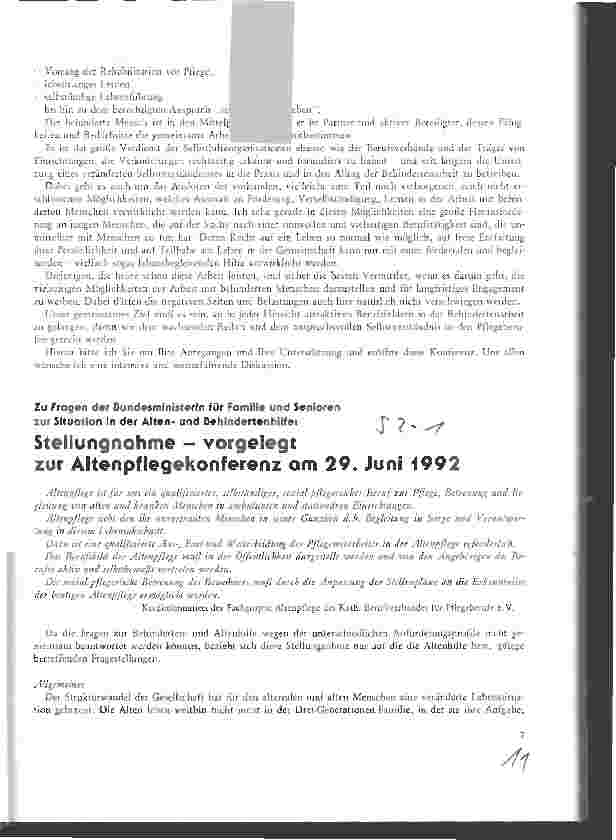 Vorschauseite 1: Stellungnahme - vorgelegt zur Altenpflegekonferenz am 29. Juni 1992 Zu Fragen der Bundesministerin zur Situation in der Altenund Behinder-