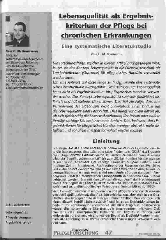 Vorschauseite 1: Lebensqualität als Ergebniskriterium der Pflege bei chronischen Erkrankungen Eine systematische Literaturstudie