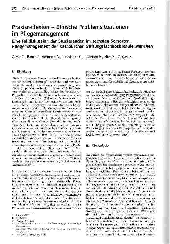 Vorschauseite 1: Praxisreflexion - Ethische Problemsituationen im Pflegemanagement Eine Falldiskussion der Studierenden im sechsten Semester Pflegemanagement der Katholischen Stiftungsfachhochschu…