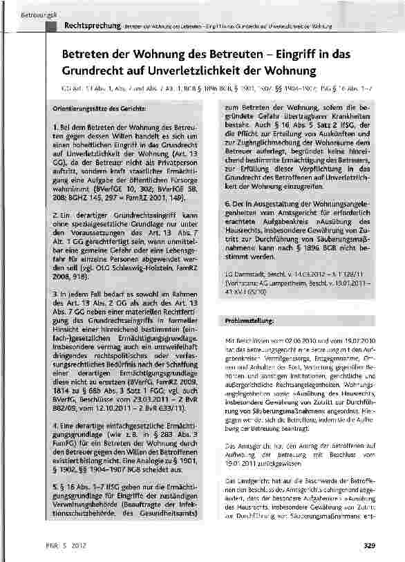 Vorschauseite 1: Betreten der Wohnung des Betreuten - Eingriff in das Grundrecht auf Unverletzlichkeit der Wohnung GG Art. 13 Abs. 1, Abs. 2 und Abs. 7 Alt. 1, BGB § 1896 BGB, § 1901, 1902, §§ 190…