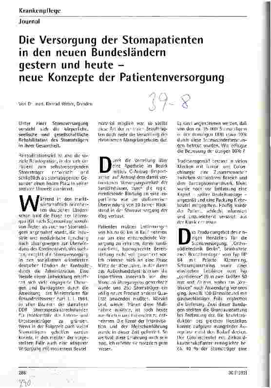 Vorschauseite 1: Die Versorgung der Stomapatienten in den neuen Bundesländern gestern und heute - neue Konzepte der Patientenversorgung