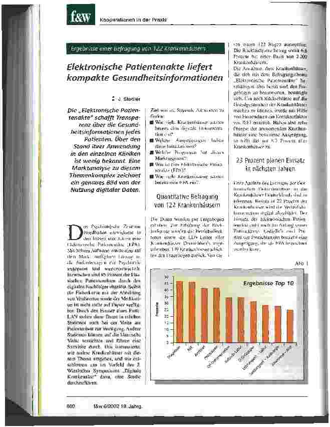 Vorschauseite 1: Elektronische Patientenakte liefert kompakte Gesundheitsinformationen Ergebnisse einer Befragung von 122 Krankenhäusern