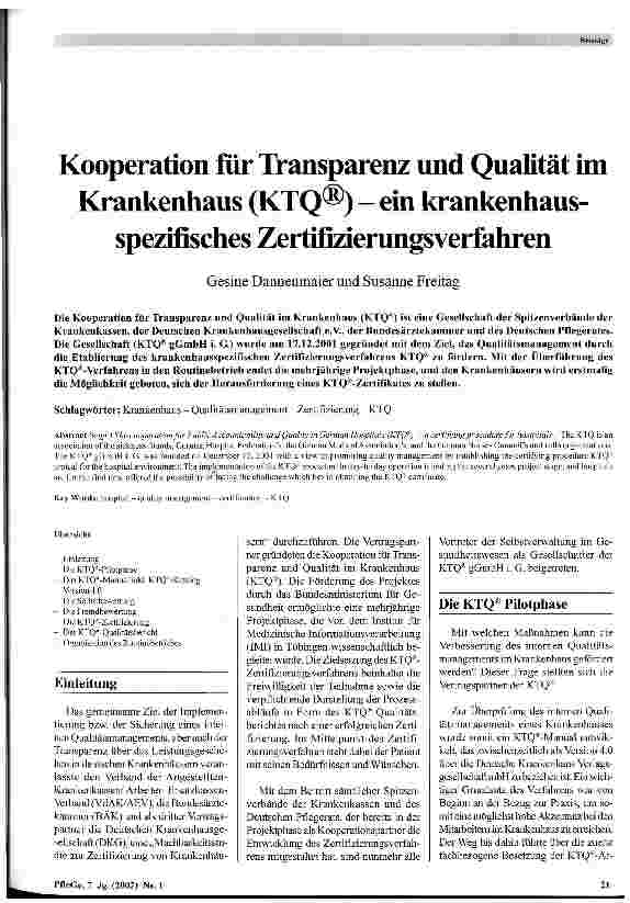 Vorschauseite 1: Kooperation für Transparenz und Qualität im Krankenhaus (KTQ) - ein krankenhaus-spezifisches Zertifizierungsverfahren